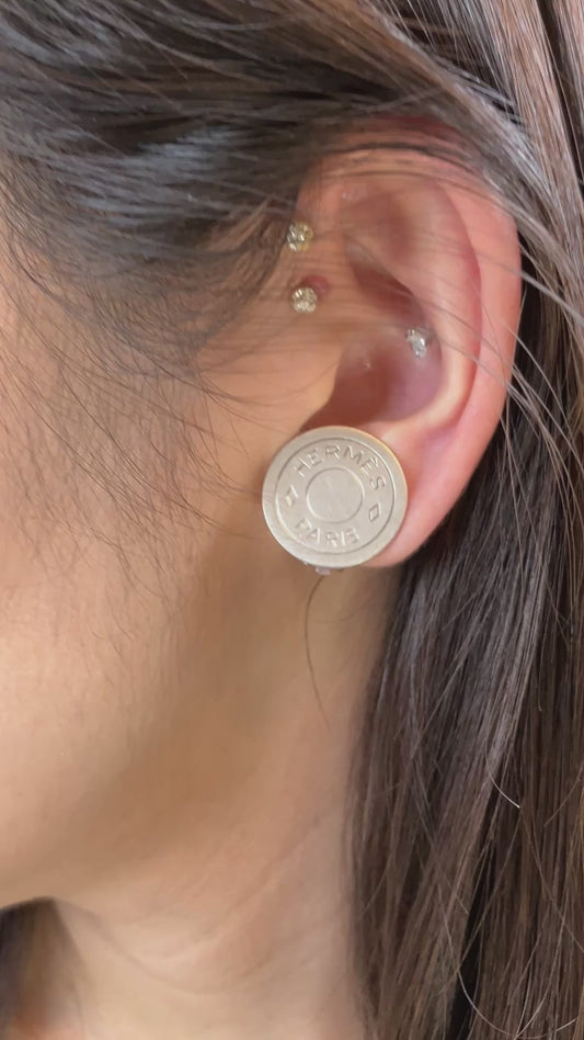 HERMES Sellier Button Clip-On Earrings Silver Tone 2cm Pair Vintage with Box Authentic