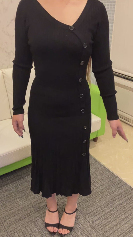 MERCURYDUO Ribbed Knit Dress Black Free Size Long Sleeve Women