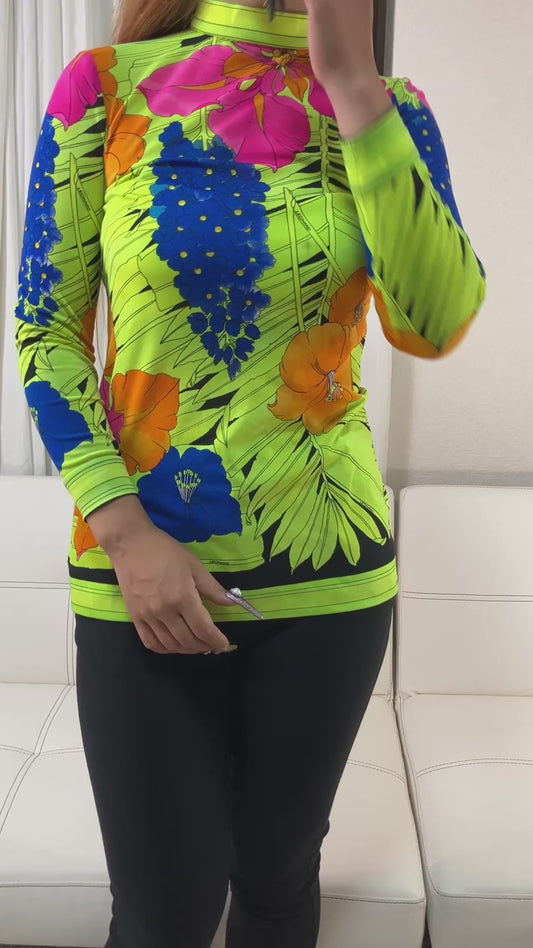 LEONARD Paris Floral Print Stretch High Neck Long Sleeve Top Polyamide