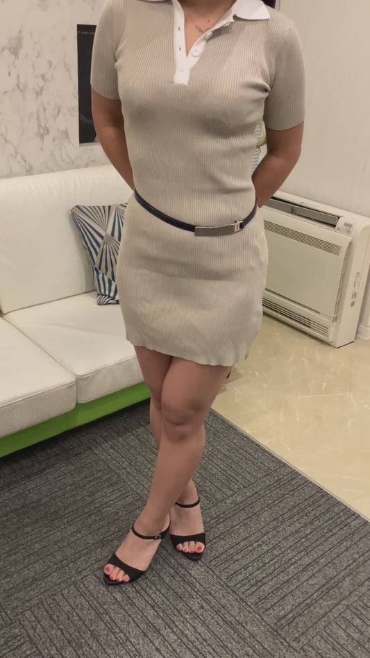 ANAP Rib Knit Polo Dress, Short Sleeve, Tight Fit, Beige and White, Collared, One Size Fits Most, Stretch