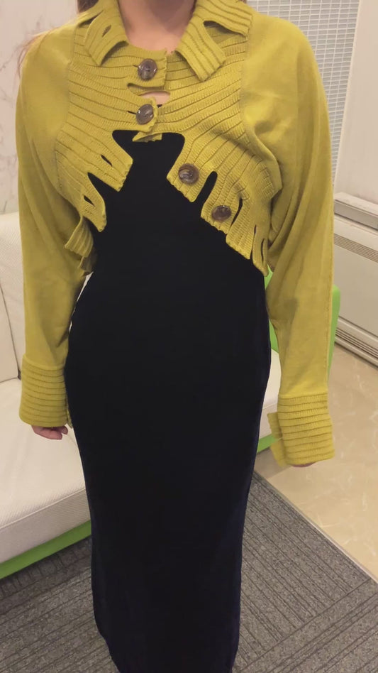 HIROKO KOSHINO Designer Cardigan Ribbed Cut-Out Button Detail Size 38 Japan Brand