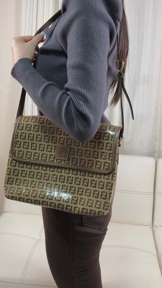 FENDI Zucca Shoulder Bag FF Logo Brown PVC Leather Vintage Crossbody