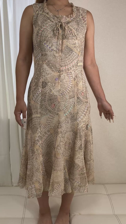 SOLEIL Women's Sleeveless Floral Fan Print Dress Size 42 Beige Polyester Japan