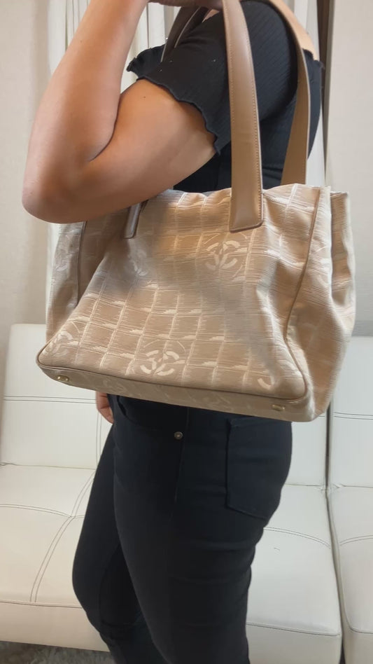 CHANEL New Travel Line Tote Bag, Handbag, Beige, COCO Mark Jacquard Leather, Made in France, with Serial Seal, Women's.