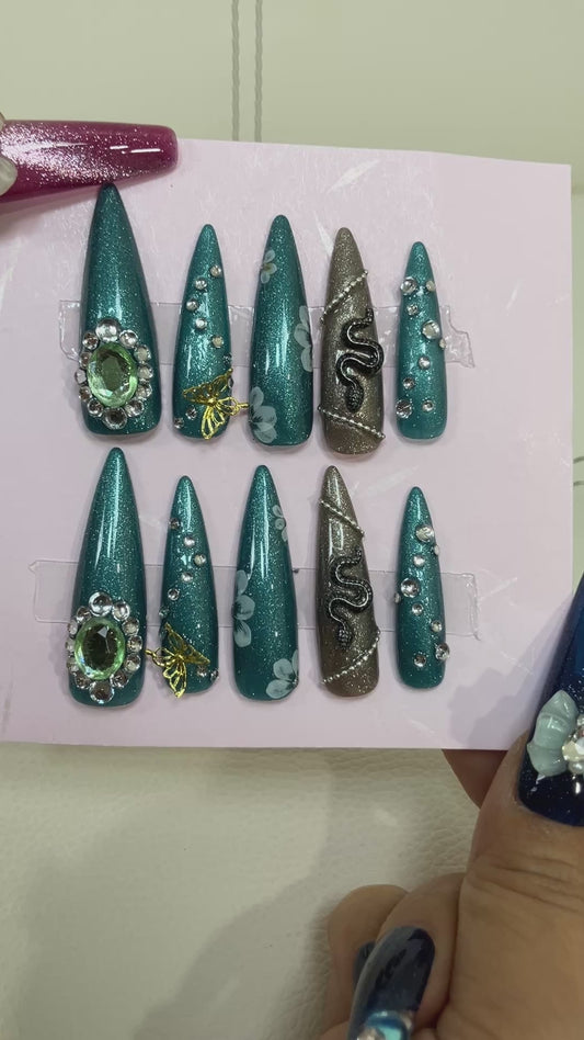 Original Design Japanese Handmade Gothic Snake Butterfly Press On Nails Long Stiletto Everyday Wear Turquoise Green Nail Tips