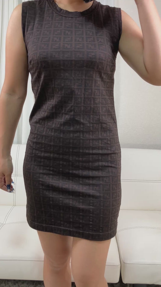 FENDI Zucca Sleeveless Dress Brown FF Monogram Stretch Italy Size 40