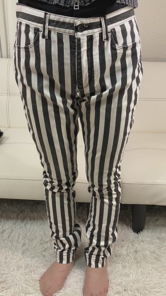 DOLCE & GABBANA Striped Stretch Denim Skinny Pants Black White Size 38 Italy