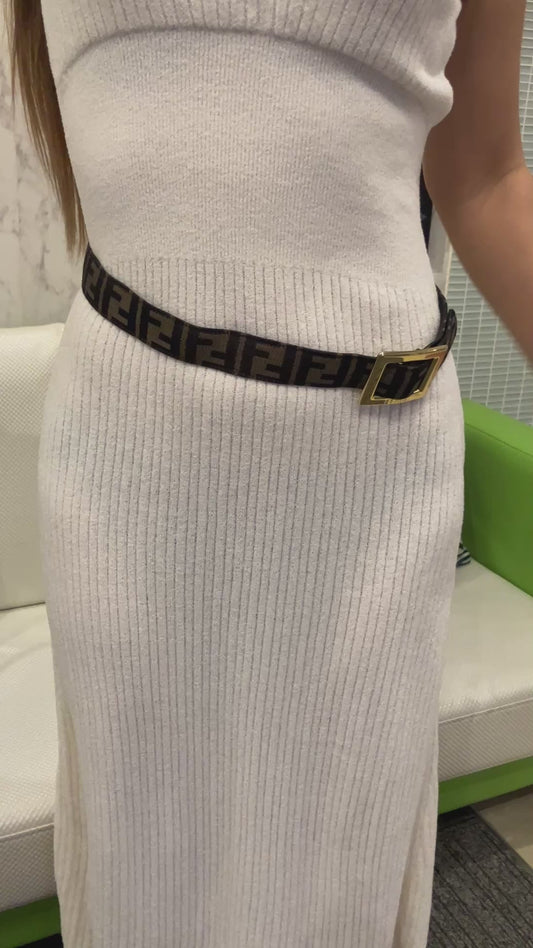 FENDI Zucca FF Logo Belt Gold Tone Buckle Brown Black Leather Canvas W 3cm L 90cm