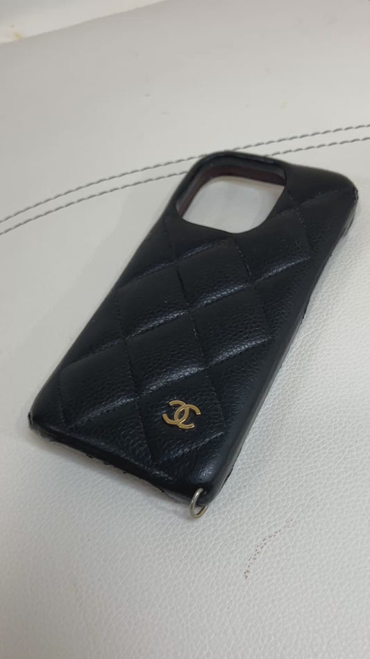 CHANEL iPhone 11 Pro Case Caviar Leather Matelasse Black Gold CC Made in Italy