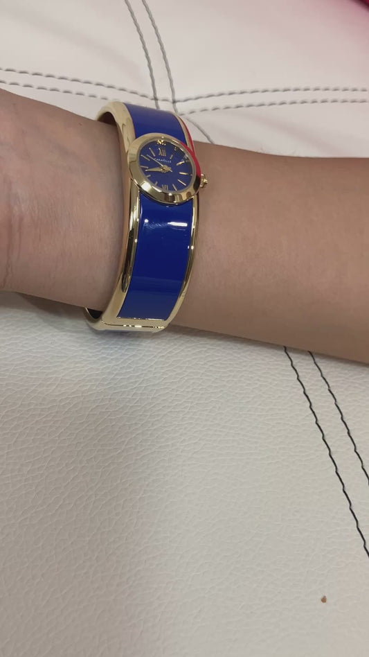 Caravelle New York Quartz Bangle Watch Blue Dial Gold Tone Boxed Ladies