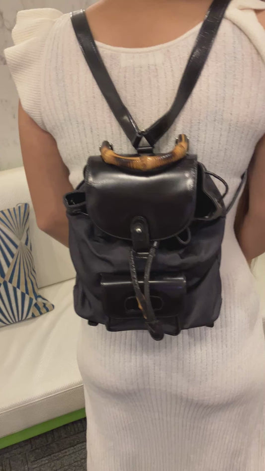 GUCCI Bamboo Backpack Black Nylon Leather Drawstring Bag Vintage