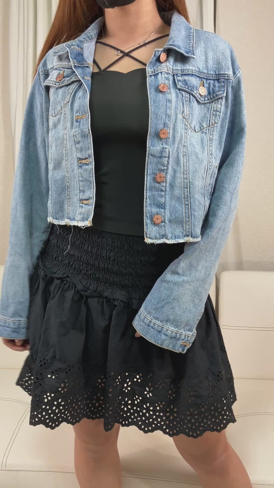 GUESS Cropped Denim Jacket Size S Light Blue Short Length Cut Off Hem Women