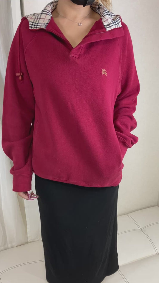 BURBERRY LONDON Hoodie Nova Check Hood Cotton Pullover Red Size L Mens