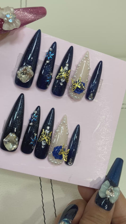 Original Design Japanese Handmade Navy Blue Glitter Gothic Butterfly Rose Press On Nails Long Stiletto 3D Pearl Rhinestone Luxury Nail Tips