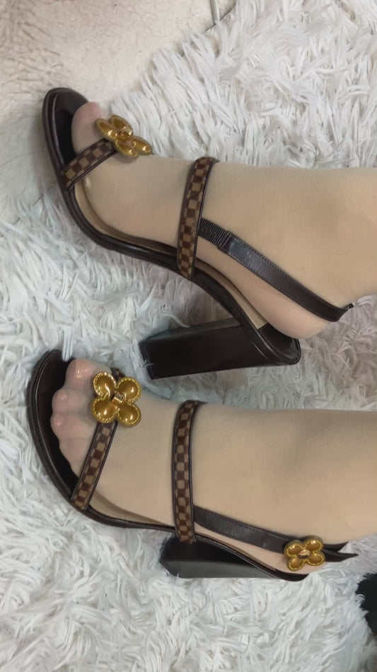 Louis Vuitton Damier Flower Sandals 37 Brown Block Heel Slingback Italy