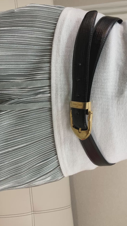 CHANEL Logo Plate Leather Belt Black Gold Tone Ladies 76.5cm Vintage