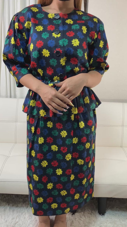 Christian Dior Vintage Floral Peplum Skirt Suit Set Cotton Size 9