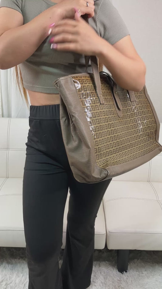FENDI Zucca Enamel Tote Bag Brown FF Logo Shoulder PVC Italy Vintage