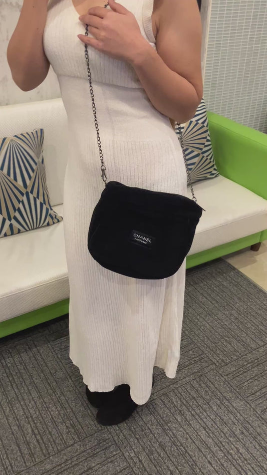 CHANEL PARFUMS Novelty Chain Shoulder Bag Black Boa Fabric