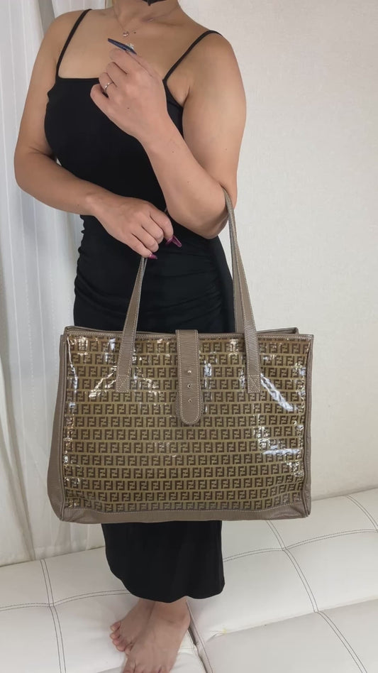 FENDI Zucchino FF Logo Coated Canvas Large Tote Bag Brown Vintage Italy