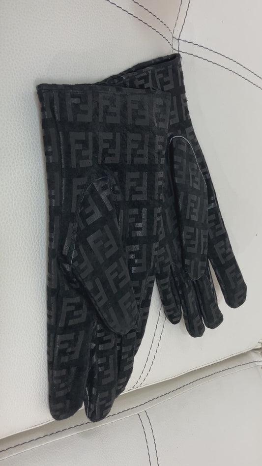 FENDI Roma Zucca FF Monogram Leather Gloves Black Women's Size L Pair