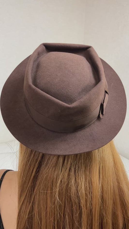 CHANEL Brown Wool Felt Fedora Hat Ribbon Coco Mark Size 56 Pre-Owned