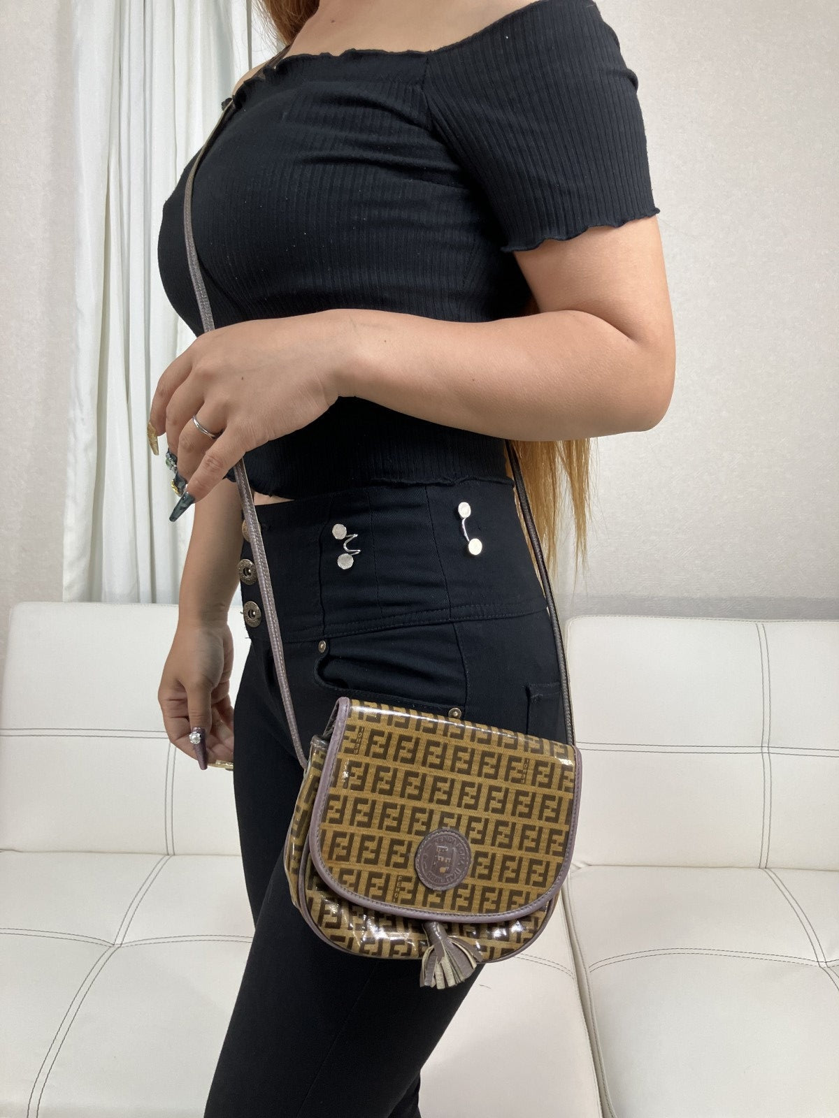 FENDI Zucca FF Logo PVC Leather Flap Shoulder Crossbody Bag Brown Italy