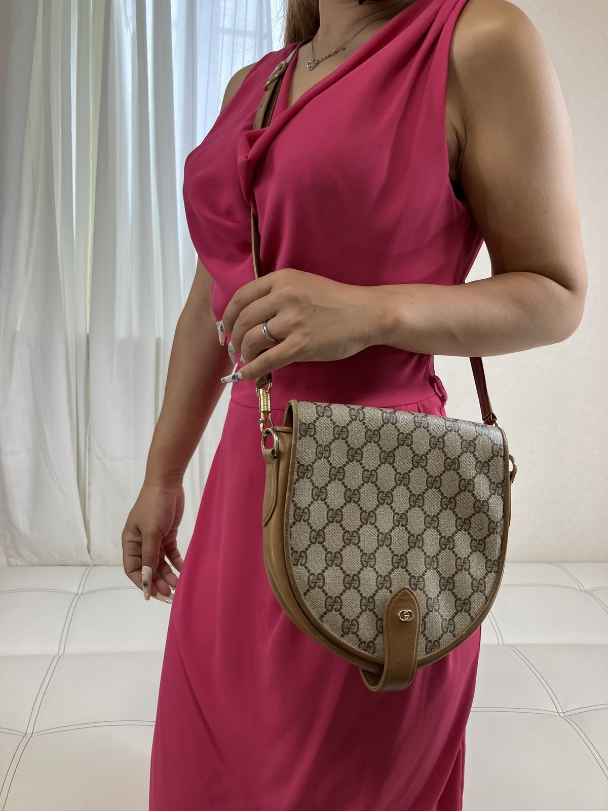 GUCCI Vintage GG Monogram Canvas Leather Saddle Crossbody Bag Brown