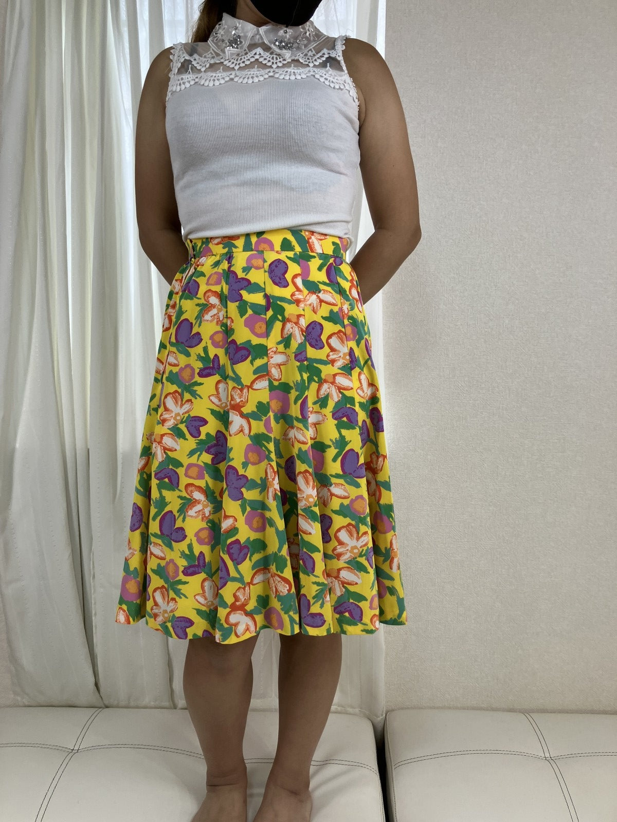 BALENCIAGA Paris Floral Print Flare Skirt Size 38 Yellow Polyester Japan
