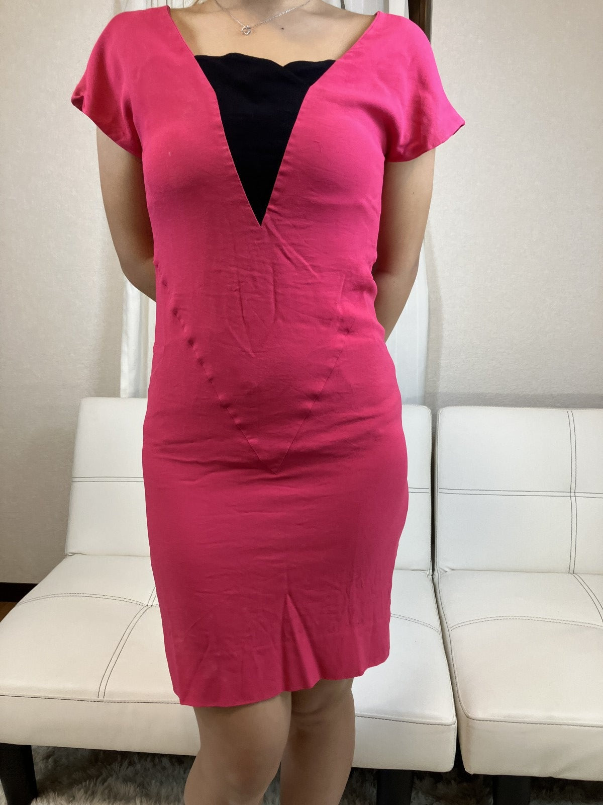 Christian Dior Vintage Pink Silk Blend Dress Women's Size 6 Heart Neck Midi