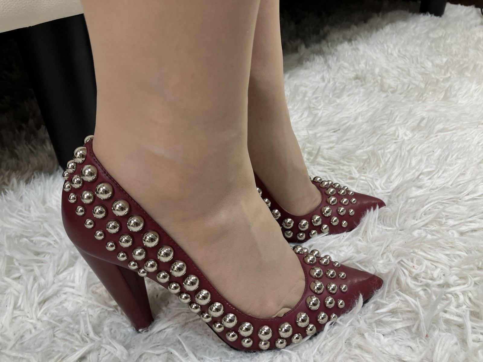 RED VALENTINO Studded Leather Pumps Burgundy Pointed Toe Heels EU35 US5 Italy